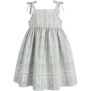 Smockingbird Girls 2T Blue Yellow Floral Stripe Rick Rack Tie Strap Sun Dress